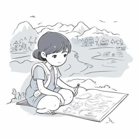 Illustration of a little girl painting on a map in the mountains