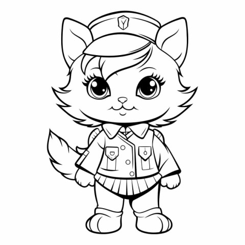 Black and White Cartoon Illustration of Cute Fox Sailor Characte