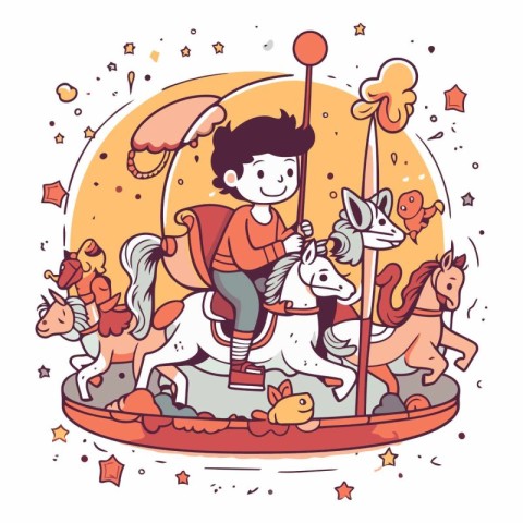 Cute cartoon boy riding a horse on a carousel.