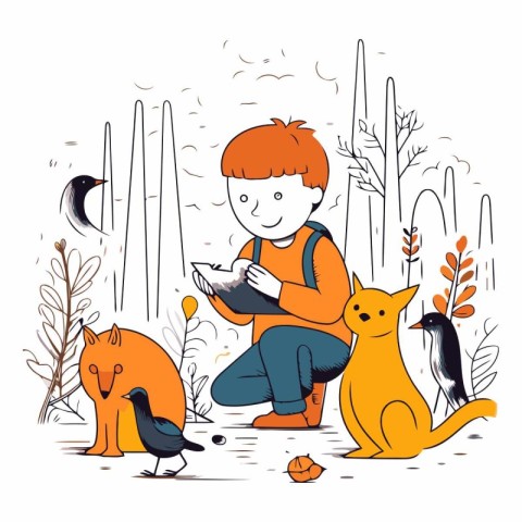 Cute little boy reading a book in the autumn park