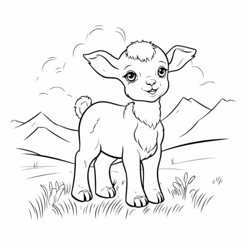 Cute baby goat on the meadow. Coloring book for children.