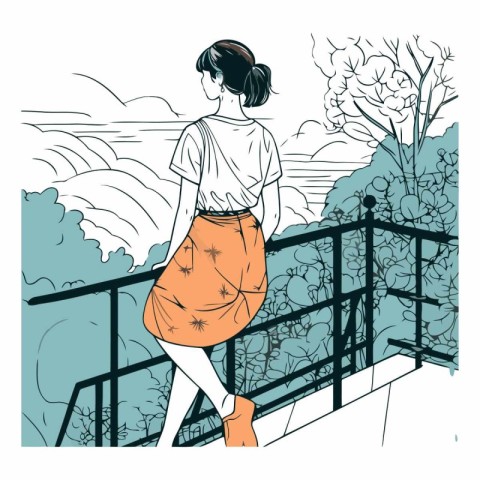 Fashion girl in sketch-style on the balcony.