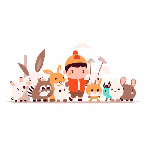 Cute little boy and animals in cartoon style.