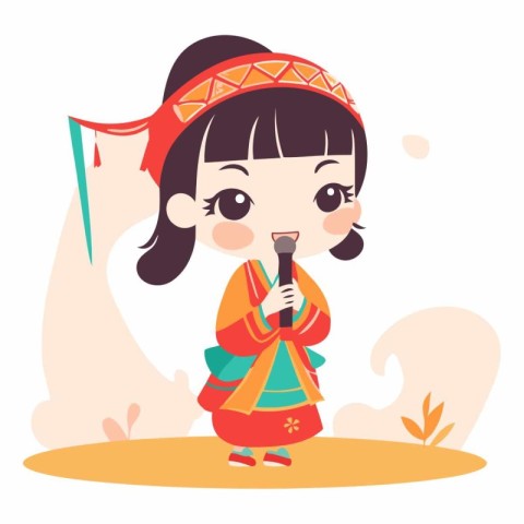 Cute korean girl singing karaoke vector cartoon illustration.