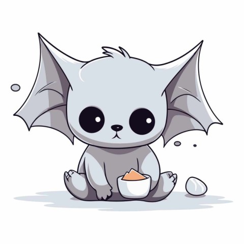 Cute cartoon bat sitting on the floor and eating egg.