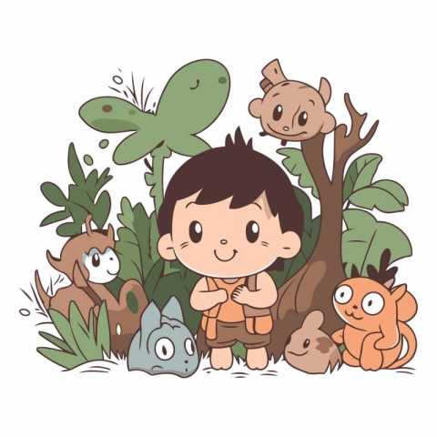 Cute little boy with wild animals in the forest.