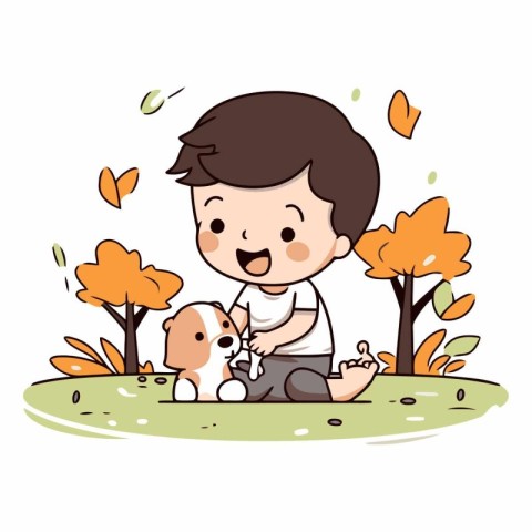 Boy playing with his dog in the autumn park.