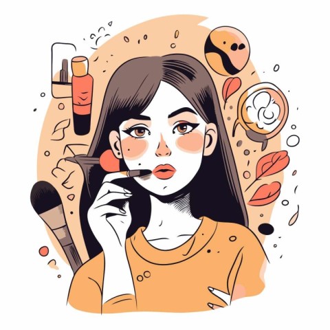 Beautiful young woman applying make-up in cartoon style.