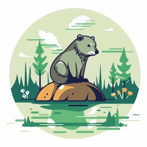 Vector illustration of a bear sitting on a rock in the forest.