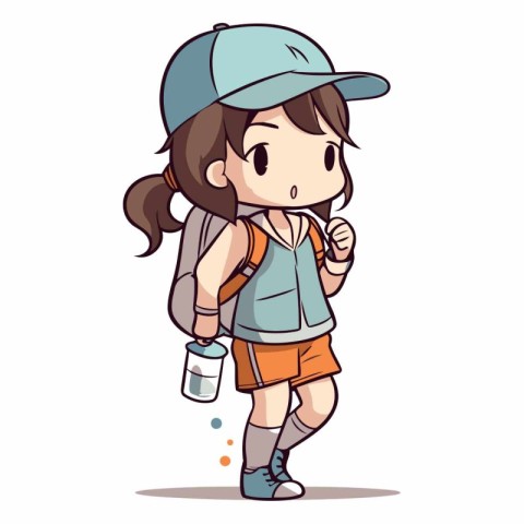 Girl going to school with backpack and water bottle.