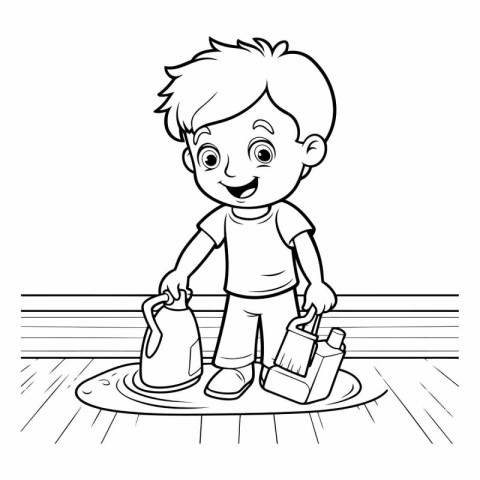 Outline of a little boy washing dishes for coloring book.