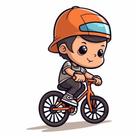 Boy in helmet riding a bike on white background.