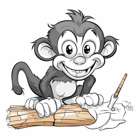 Monkey sitting on log with knife and brush in hand illustration.