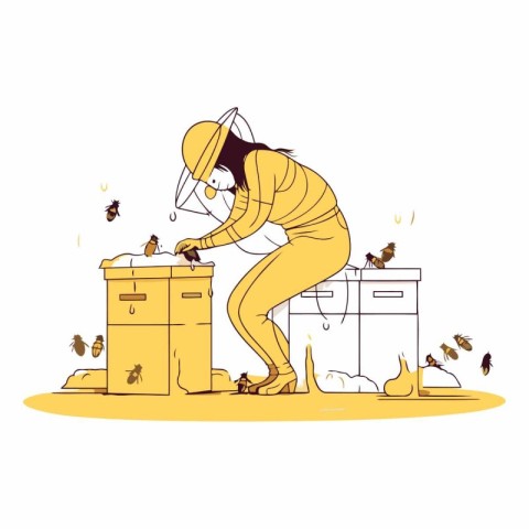 Beekeeper at work. Beekeeping concept in cartoon style.