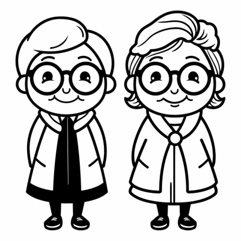 Outline illustration of a senior couple wearing a coat and glass