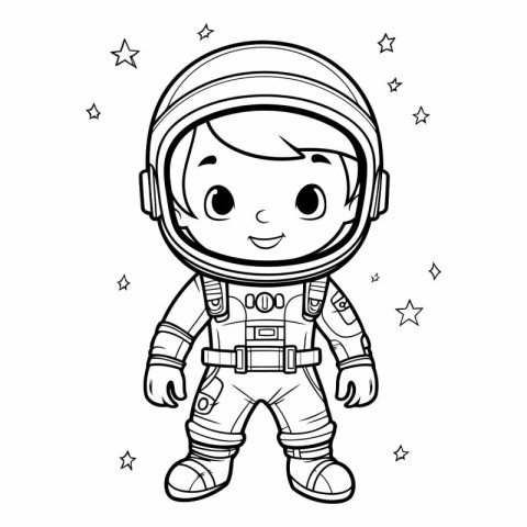 Cute astronaut boy in space suit for coloring book.