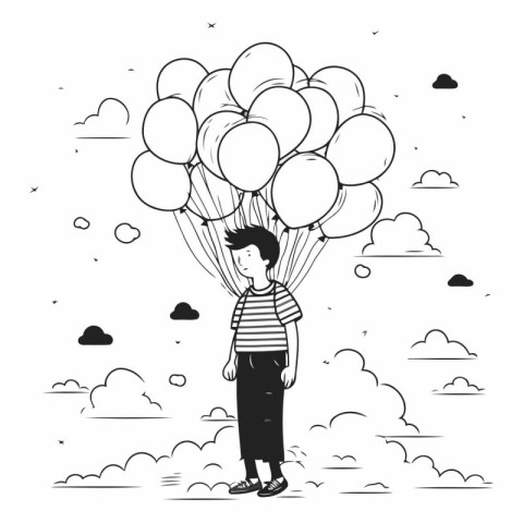 Vector illustration of a boy with balloons in the sky. Black and