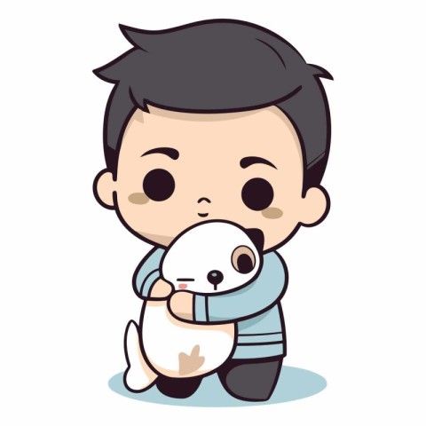 Cute little boy holding cute little dog cartoon vector illustrat