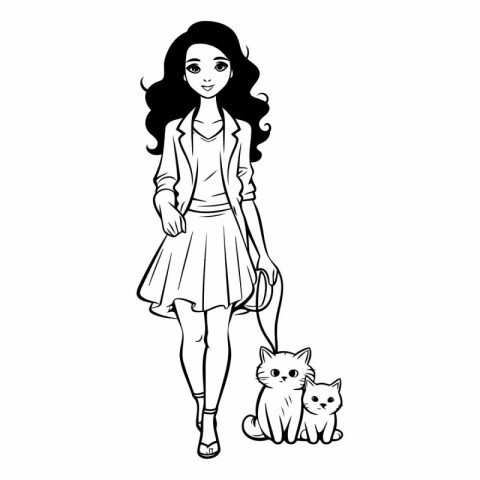 Beautiful girl with cat on a leash. Black and white vector illus