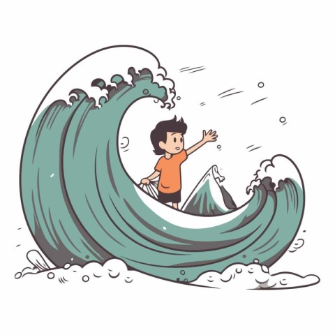 Cartoon illustration of a boy riding a wave.