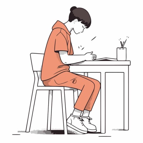 Illustration of a Teenage Boy Sitting at the Table and Working