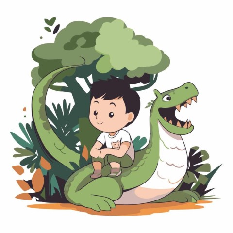 cute boy with crocodile in the jungle vector illustration graphi