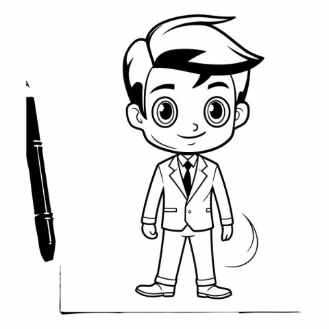 Boy with pen and pencil. black and white vector cartoon illustra