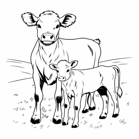 black and white vector illustration of a cow and a calf on a far