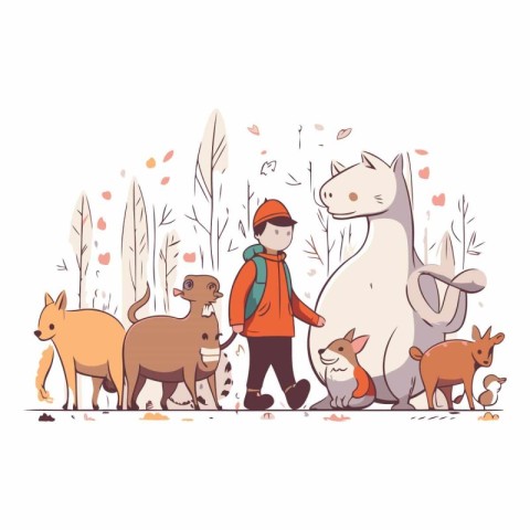 Vector illustration of a boy walking in the park with a group of