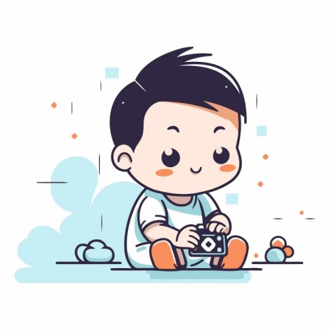 Cute little boy playing with camera. Vector flat cartoon illustr