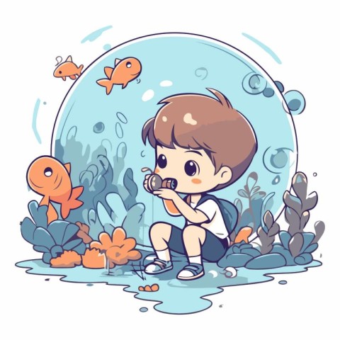 Cute little boy playing with fish in the pond.