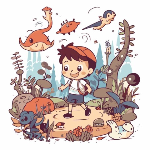 Cute little boy exploring the world. Vector hand drawn cartoon i