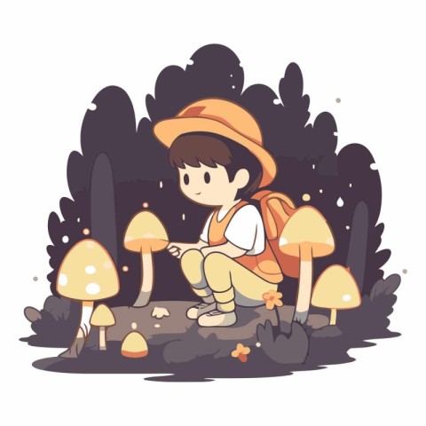 Little boy sitting in the forest and playing with mushrooms