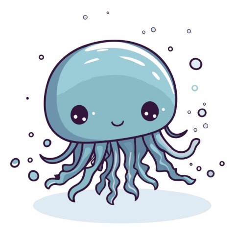 Cute cartoon blue jellyfish on white background.