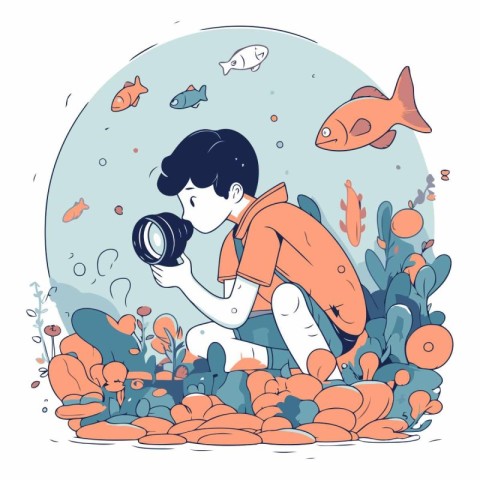 Vector illustration of a boy with a camera and fishes in the sea