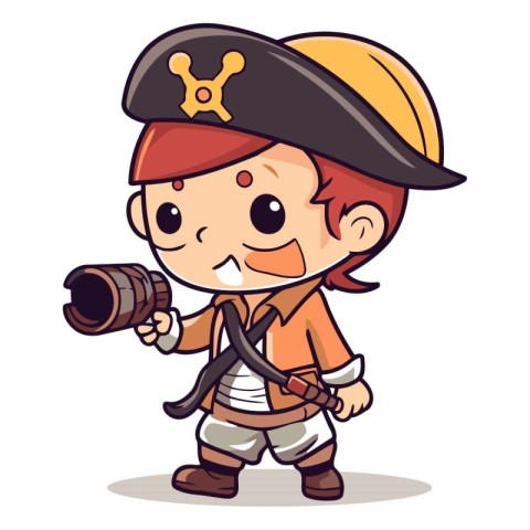 Cute boy pirate holding a spyglass and a camera.