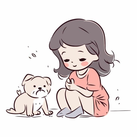 Little girl sitting and playing with a dog. Vector hand drawn il