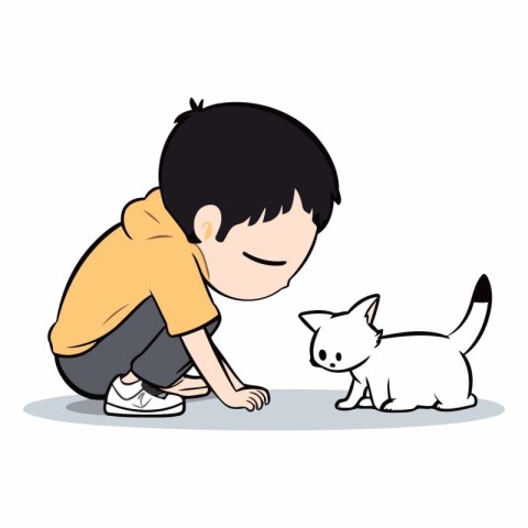 Little boy playing with a cat on white background.