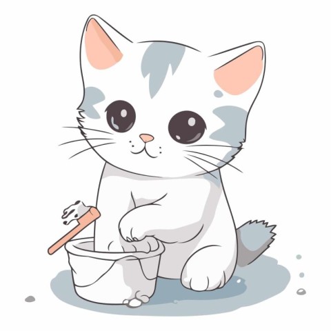 Illustration of a Cute White Cat Sitting Beside a Bucket of Wate