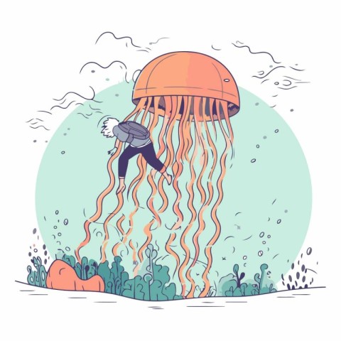 Cartoon vector illustration of a man swimming with a jellyfish.