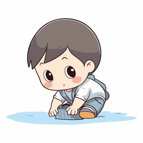 Little boy playing with a bucket of water. Vector cartoon illust