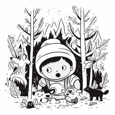 Little boy playing in the forest for children's design.