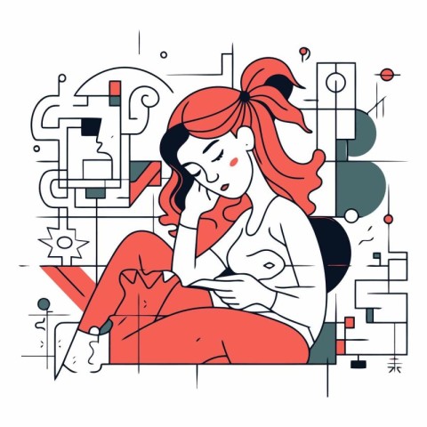 Vector illustration of a girl reading a book. Line art style.