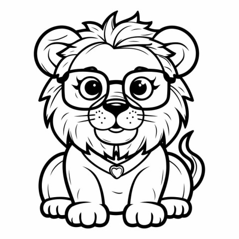 Lion with Glasses - Black and White Cartoon Illustration. Vector