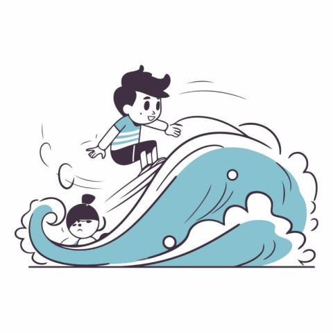 Cartoon boy and girl surfing in the waves.