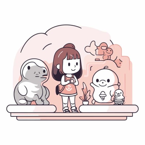 Cute little girl and her pet animals. Vector cartoon illustratio