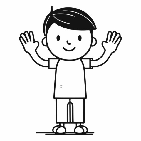 Vector illustration of a boy with hands up. Black and white.