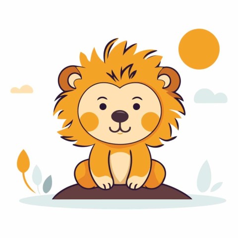 Cute cartoon lion sitting on a rock in the park.