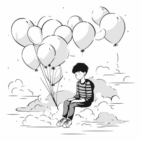 Vector illustration of happy boy with balloons in the sky. Black