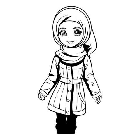 Cute cartoon muslim girl in traditional clothes.